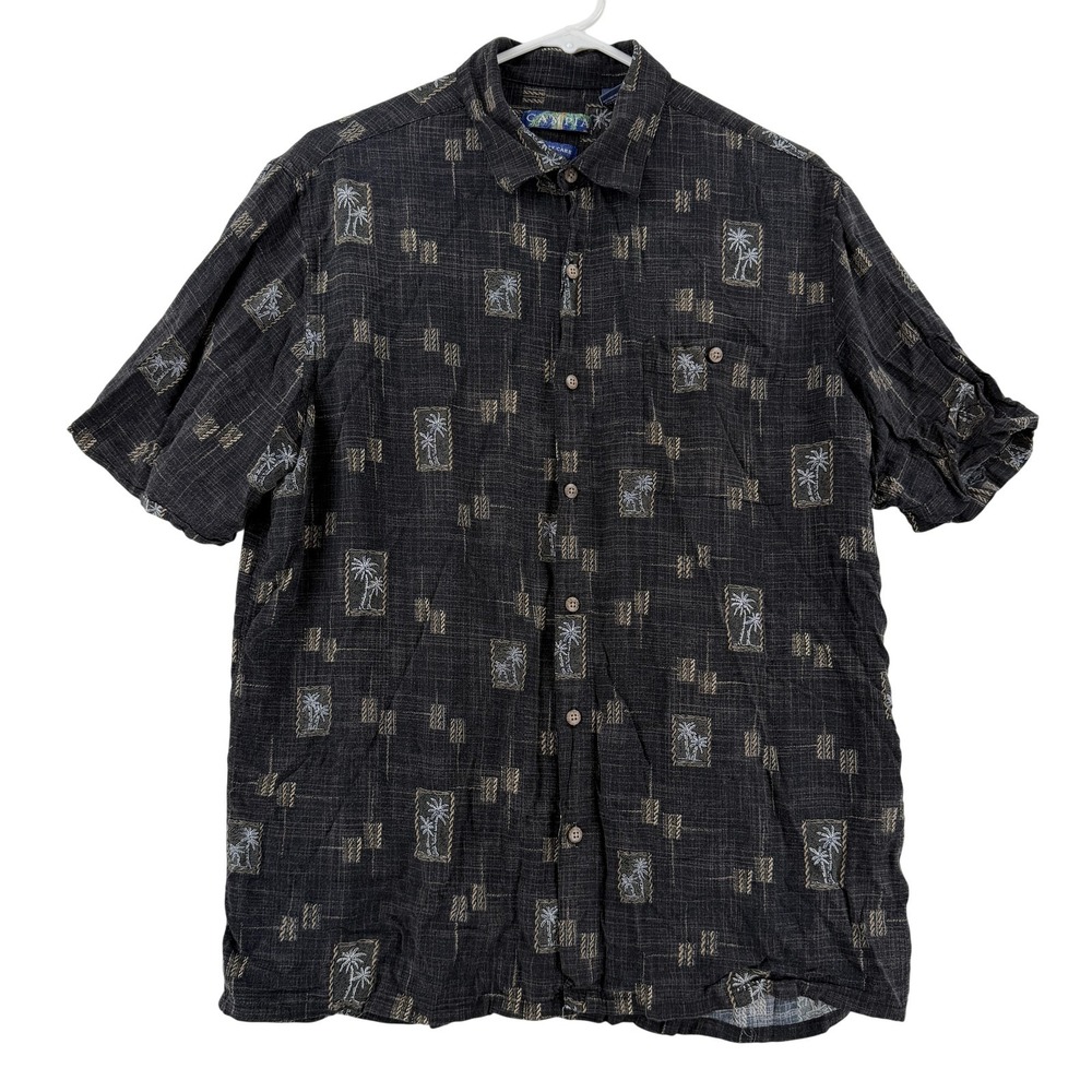 Campia Moda Shirt Mens Large Gray Floral Hawaiian Tropical Easy Care Button-Up